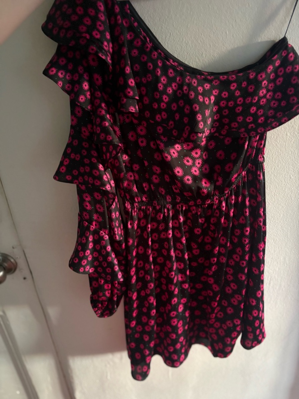 The Kooples Black Dress with Pink Floral Print and Ruffle Sleeve